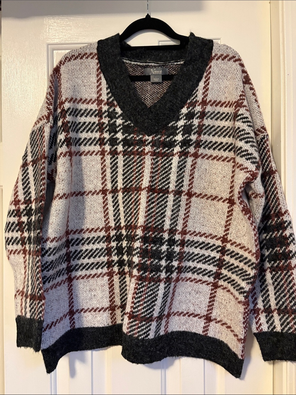 Natural Reflections Cream, Burgundy & Charcoal Plaid V-Neck Sweater